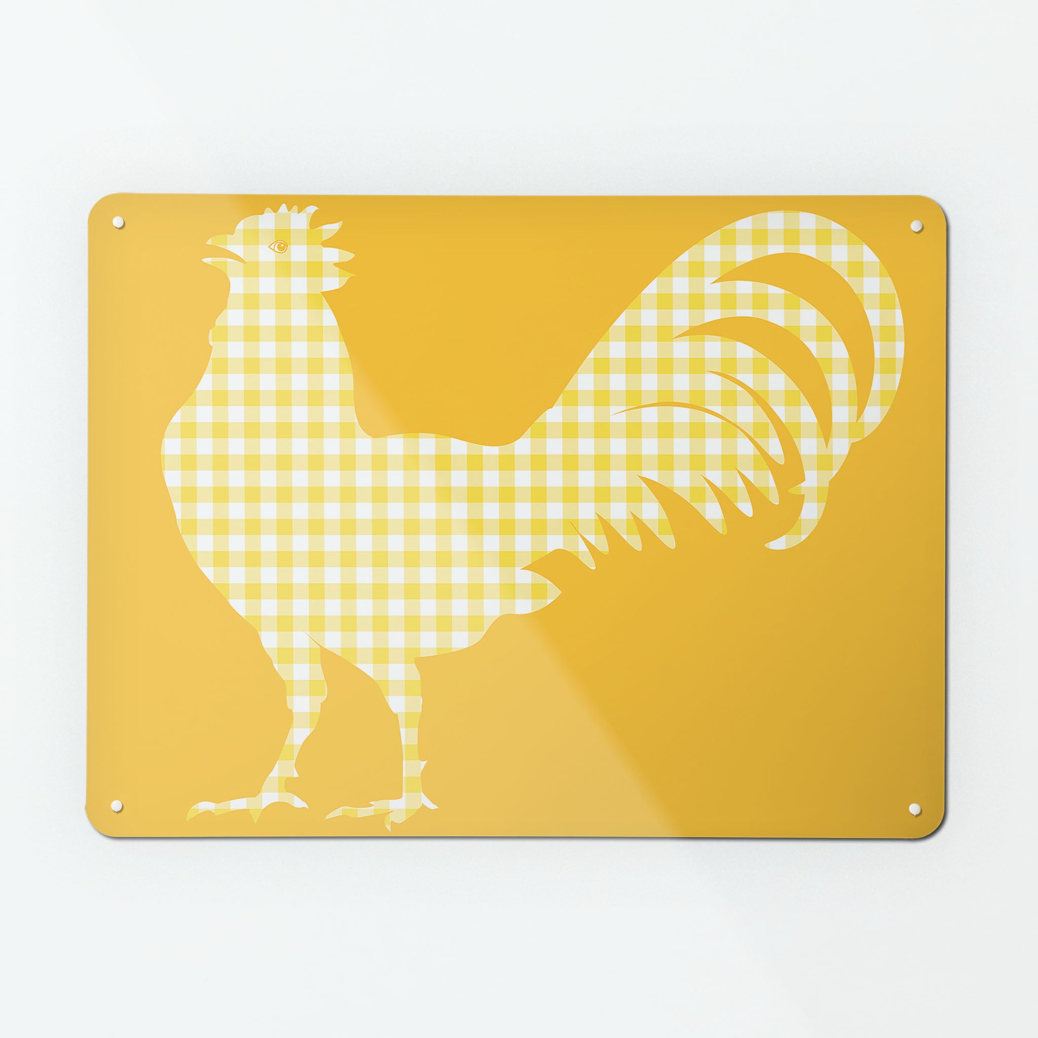A large magnetic notice board by Beyond the Fridge with a yellow gingham cockerel design