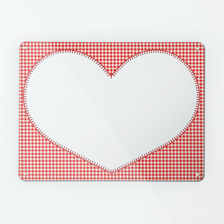 A large dry wipe magnetic notice board by Beyond the Fridge with an image of a white heart on a red gingham background