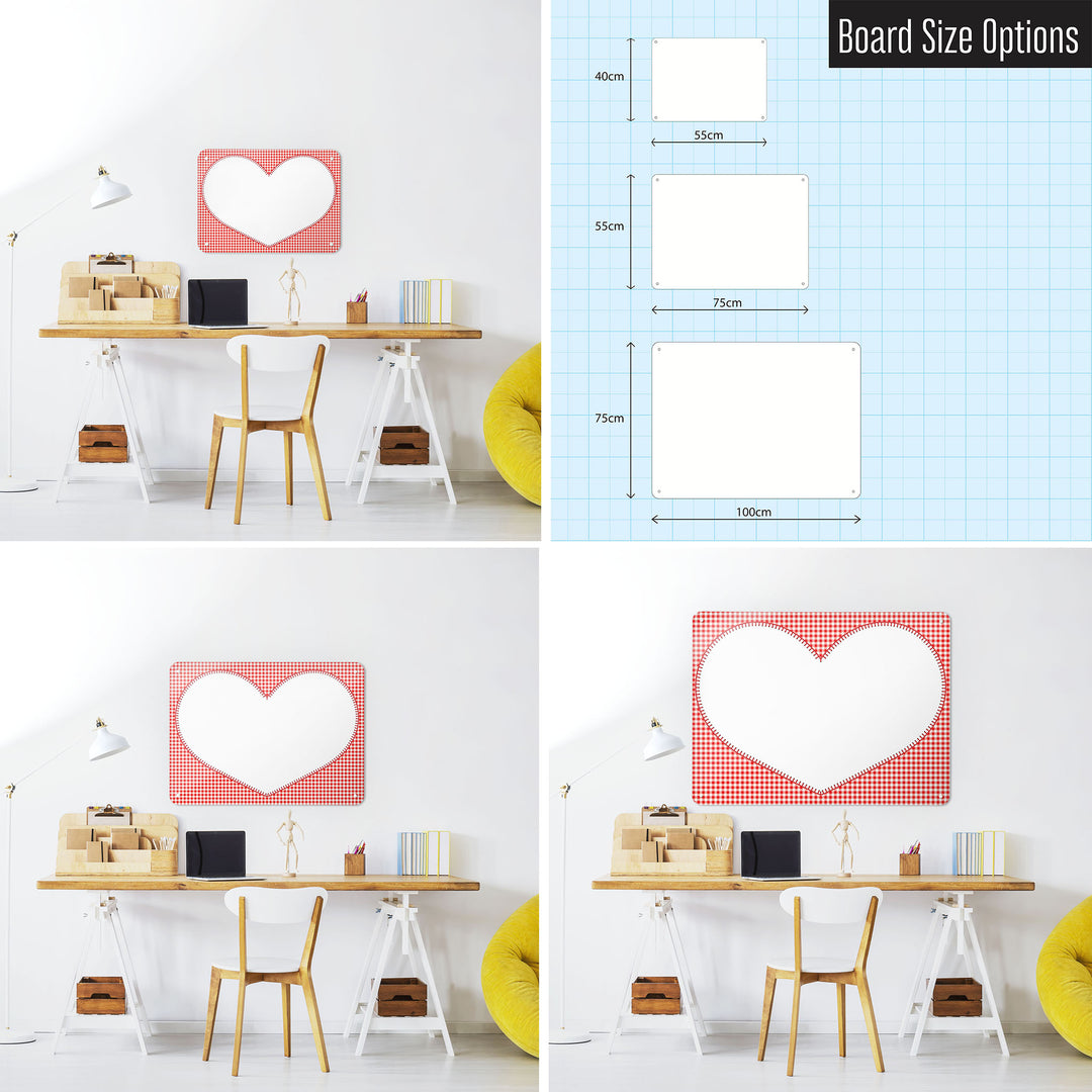 Three photographs of a workspace interior and a diagram to show size comparisons of a red gingham heart design dry wipe magnetic notice board