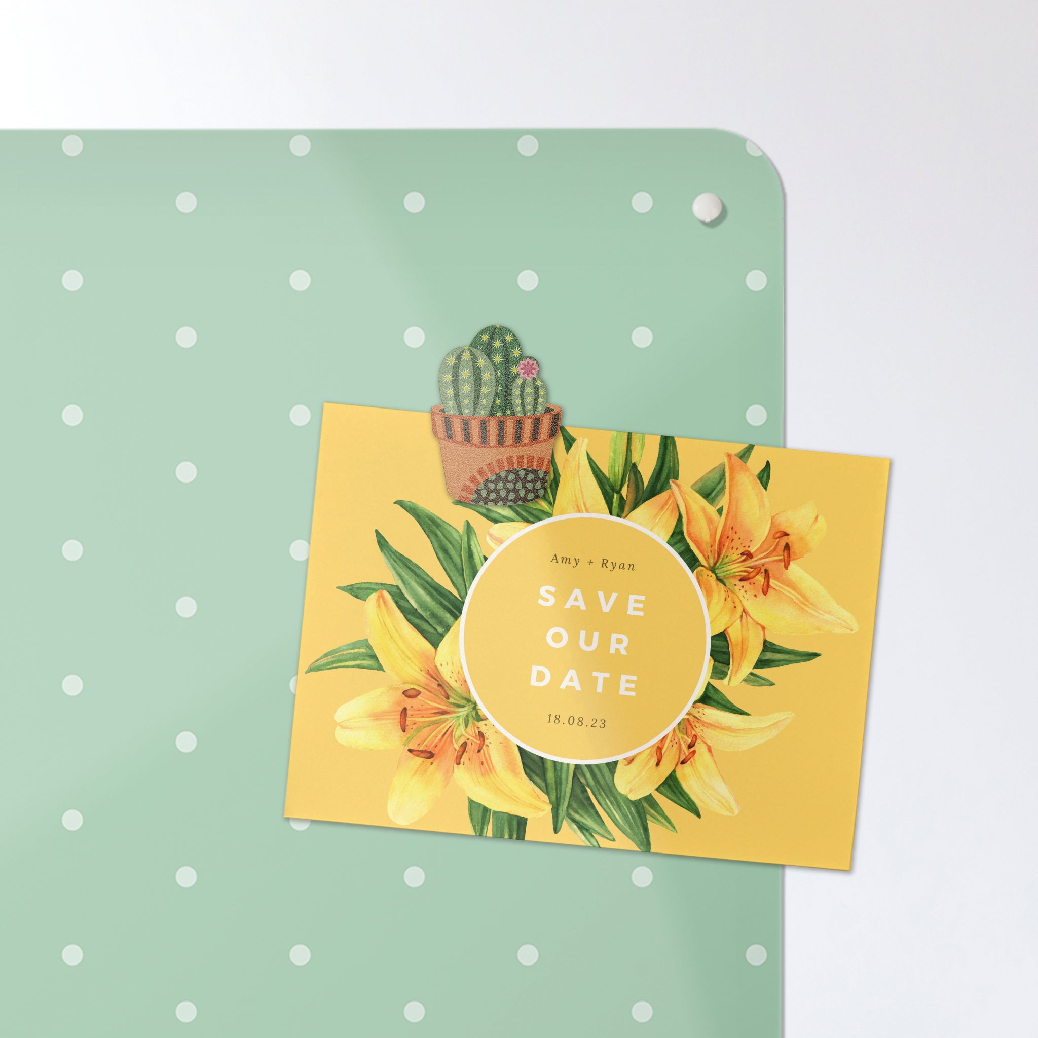 A postcard on a polkadots on green design magnetic board or metal wall art panel