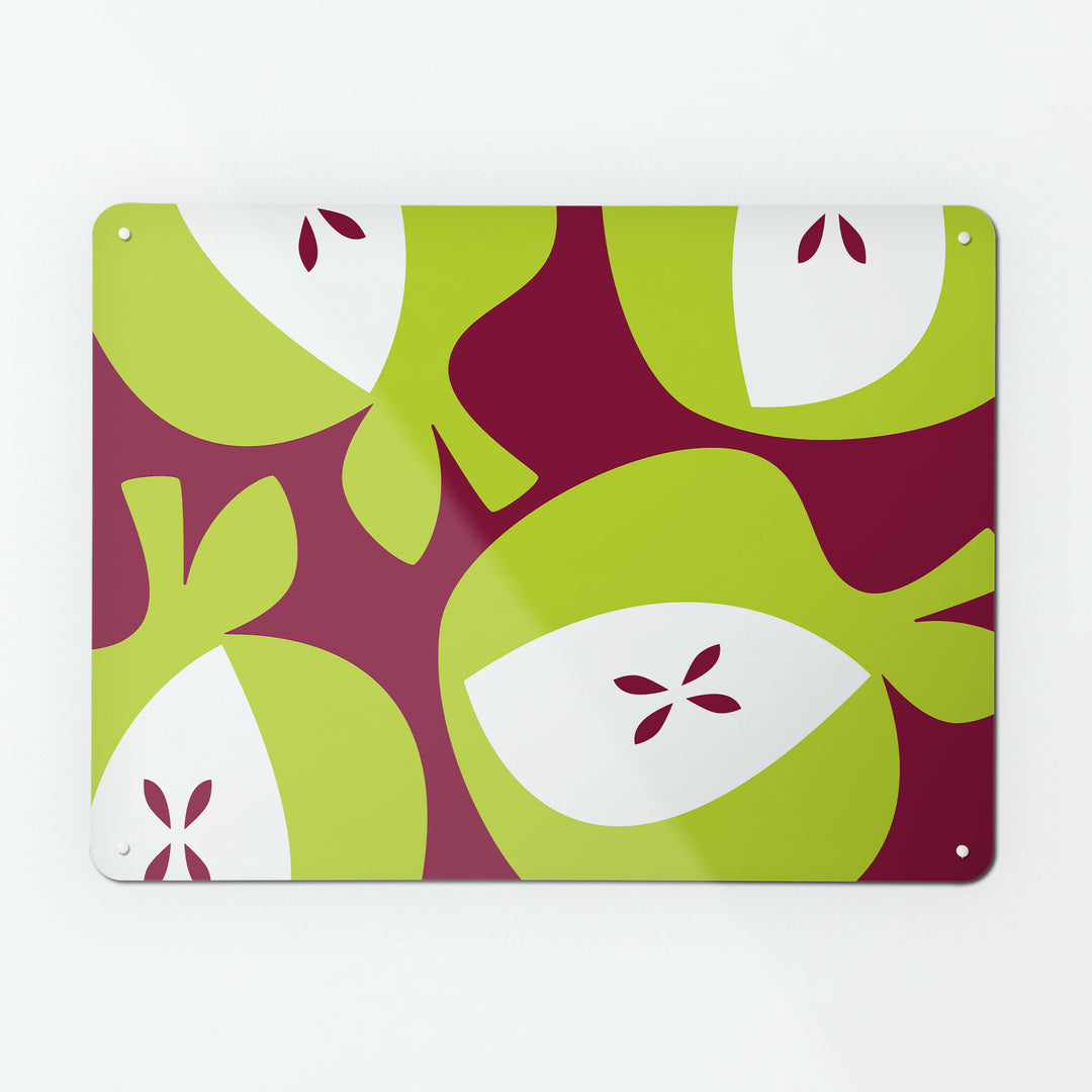 A large magnetic notice board by Beyond the Fridge with an apples design in green and burgundy