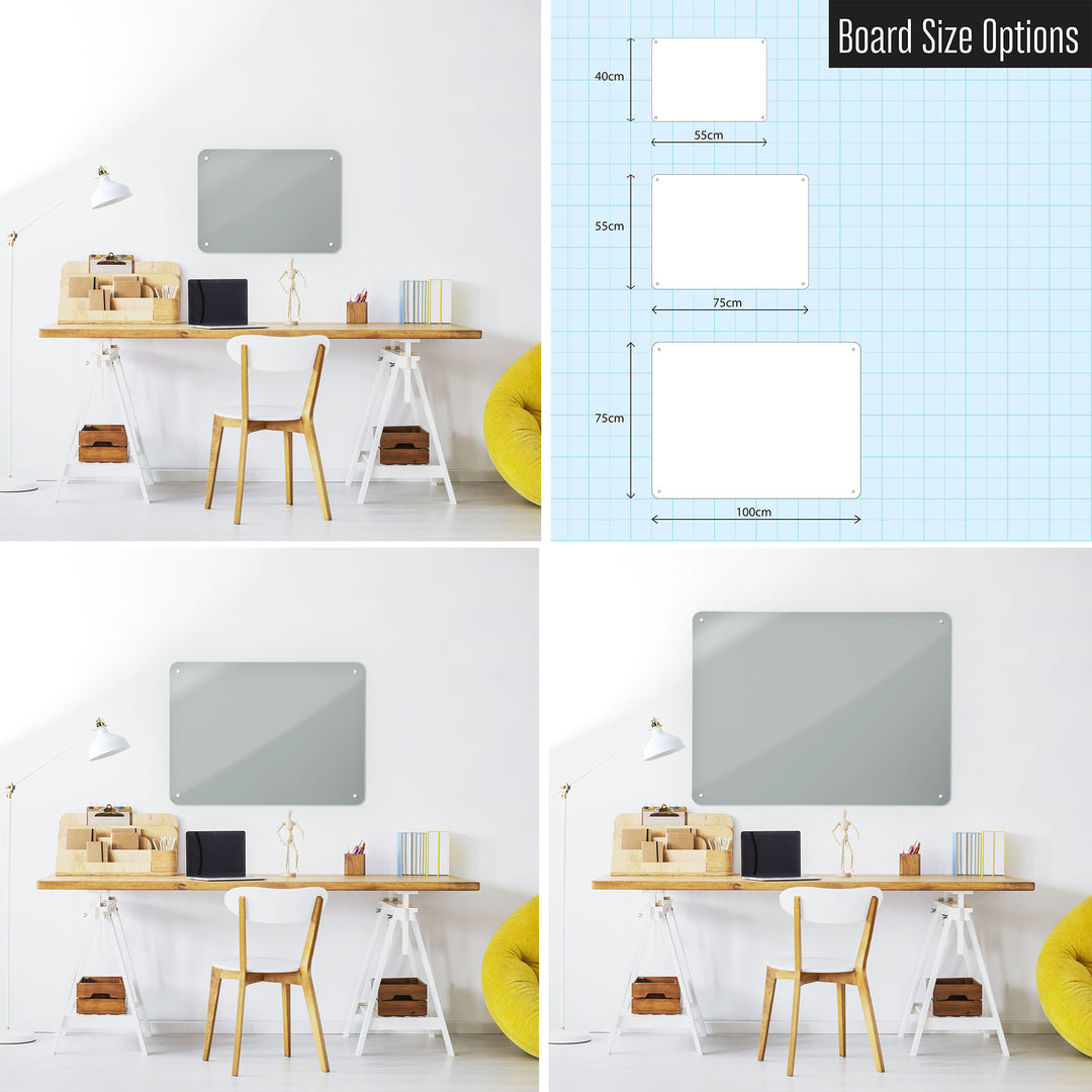 Three photographs of a workspace interior and a diagram to show size comparisons of a plain grey magnetic notice board