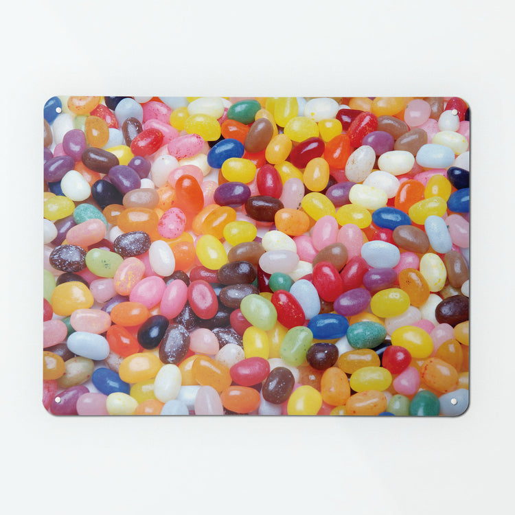 A large magnetic notice board by Beyond the Fridge with a photograph of jelly beans