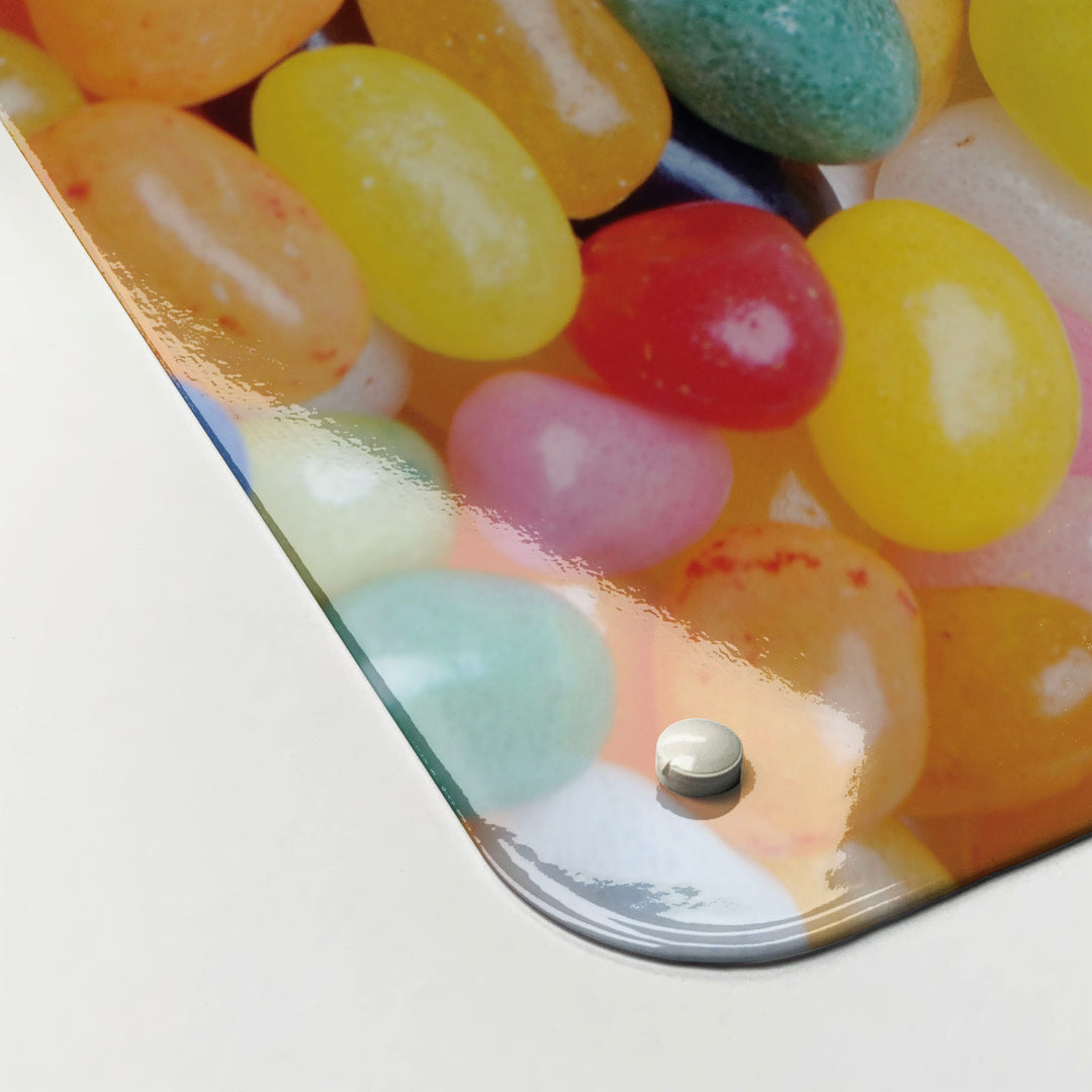 The corner detail of a jelly beans photographic magnetic board to show it’s high gloss surface