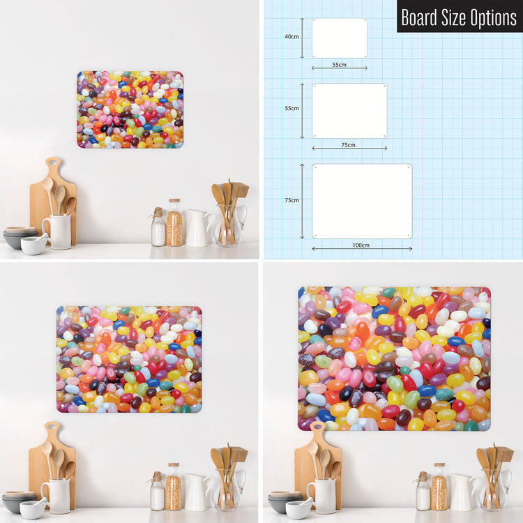 Three photographs of a workspace interior and a diagram to show size comparisons of a jelly beans photographic magnetic notice board