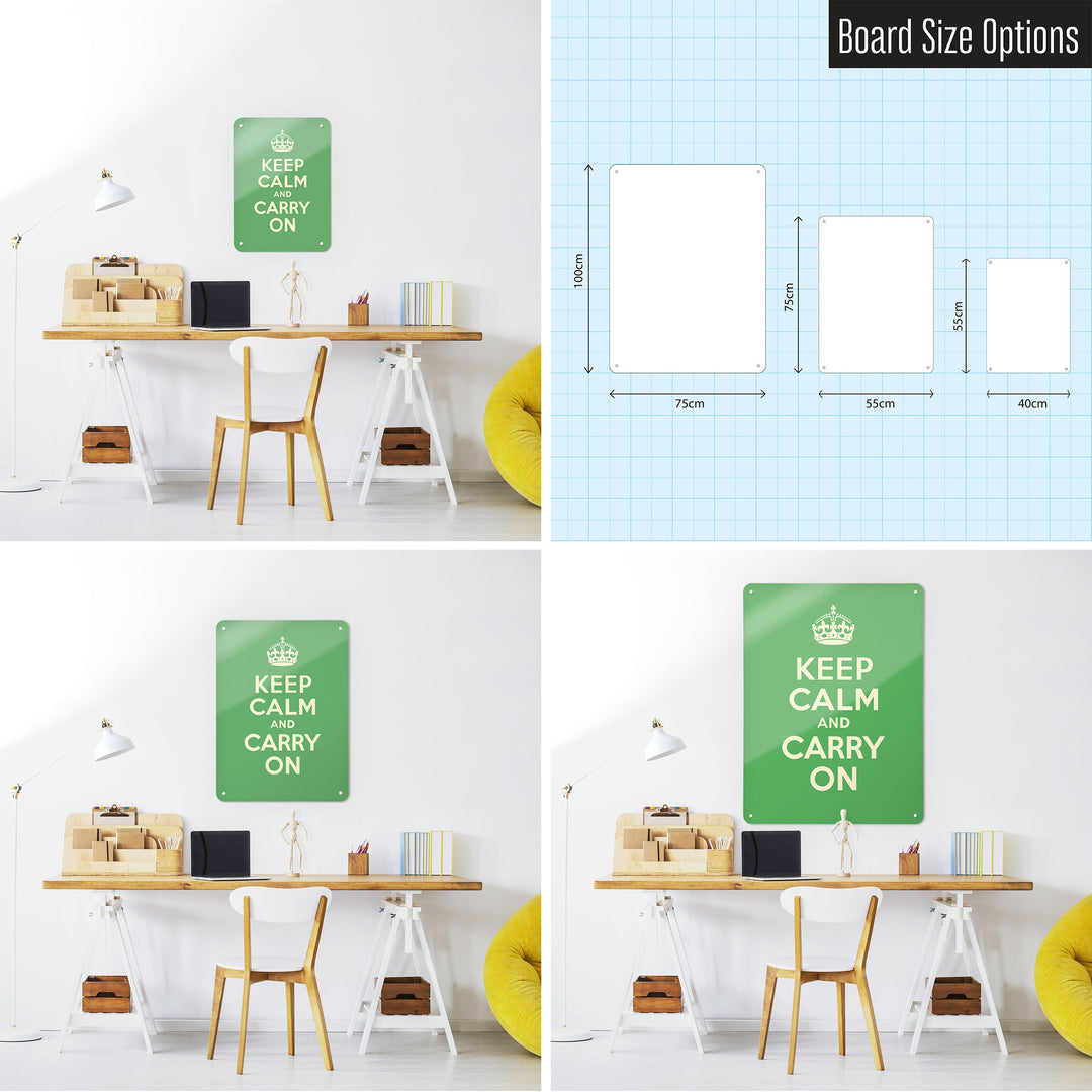 Three photographs of a workspace interior and a diagram to show size comparisons of a green keep calm and carry on magnetic notice board