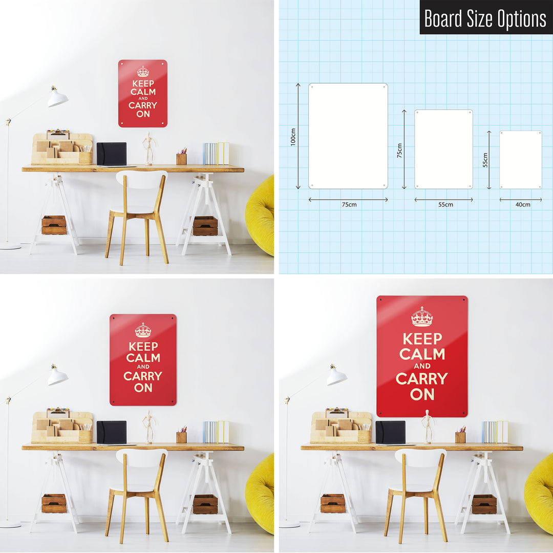 Three photographs of a workspace interior and a diagram to show size comparisons of a red keep calm and carry on magnetic notice board