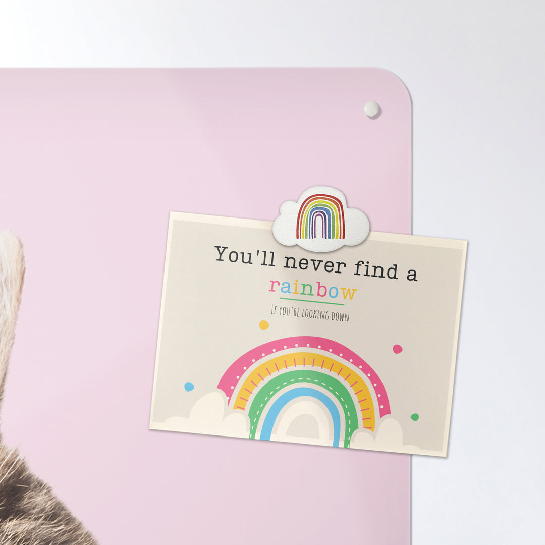 A postcard attached with a rainbow design fridge magnet on a tabby kitten photographic magnetic board or metal wall art panel