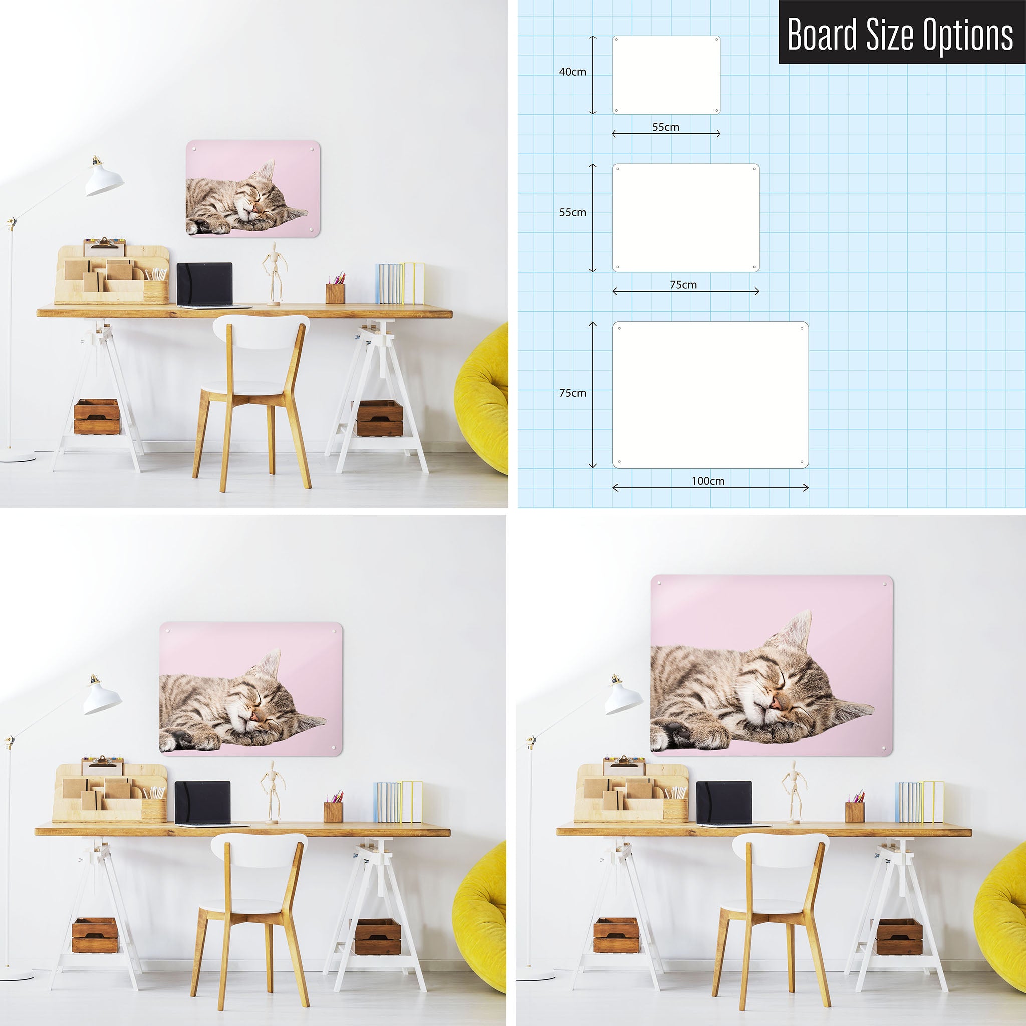 Three photographs of a workspace interior and a diagram to show size comparisons of a tabby kitten photographic magnetic notice board