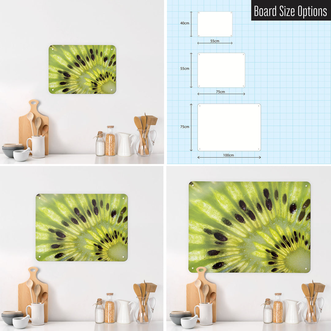 Three photographs of a workspace interior and a diagram to show size comparisons of a kiwi fruit photographic magnetic notice board