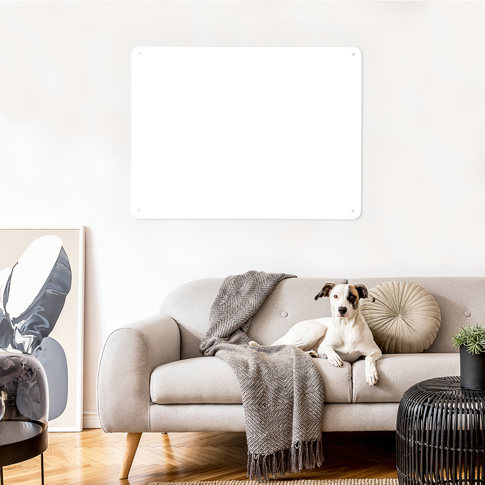 A blank landscape Create Your Own board on a living-room wall above a sofa, with a dog