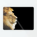 A large magnetic notice board by Beyond the Fridge with a photograph of the head of a lion in profile with a black background