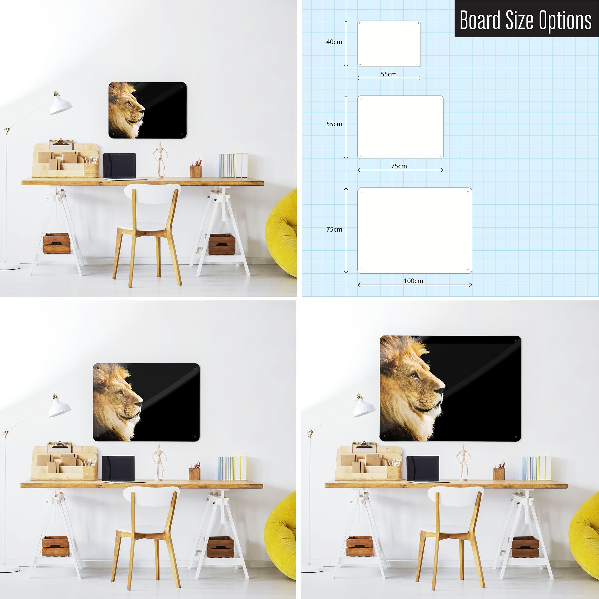 Three photographs of a workspace interior and a diagram to show size comparisons of a jelly beans lion photographic magnetic notice board