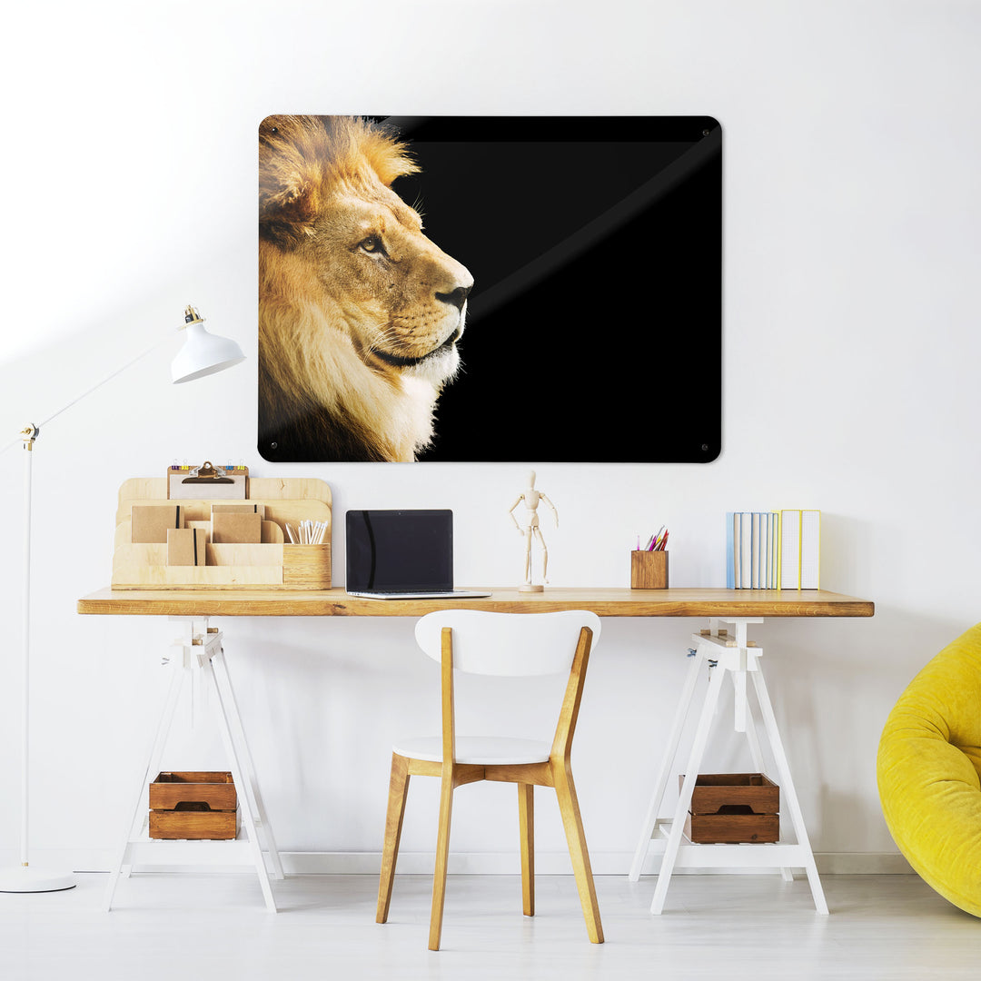 A desk in a workspace setting in a white interior with a magnetic metal wall art panel showing a photograph of the head of a lion in profile with a black background
