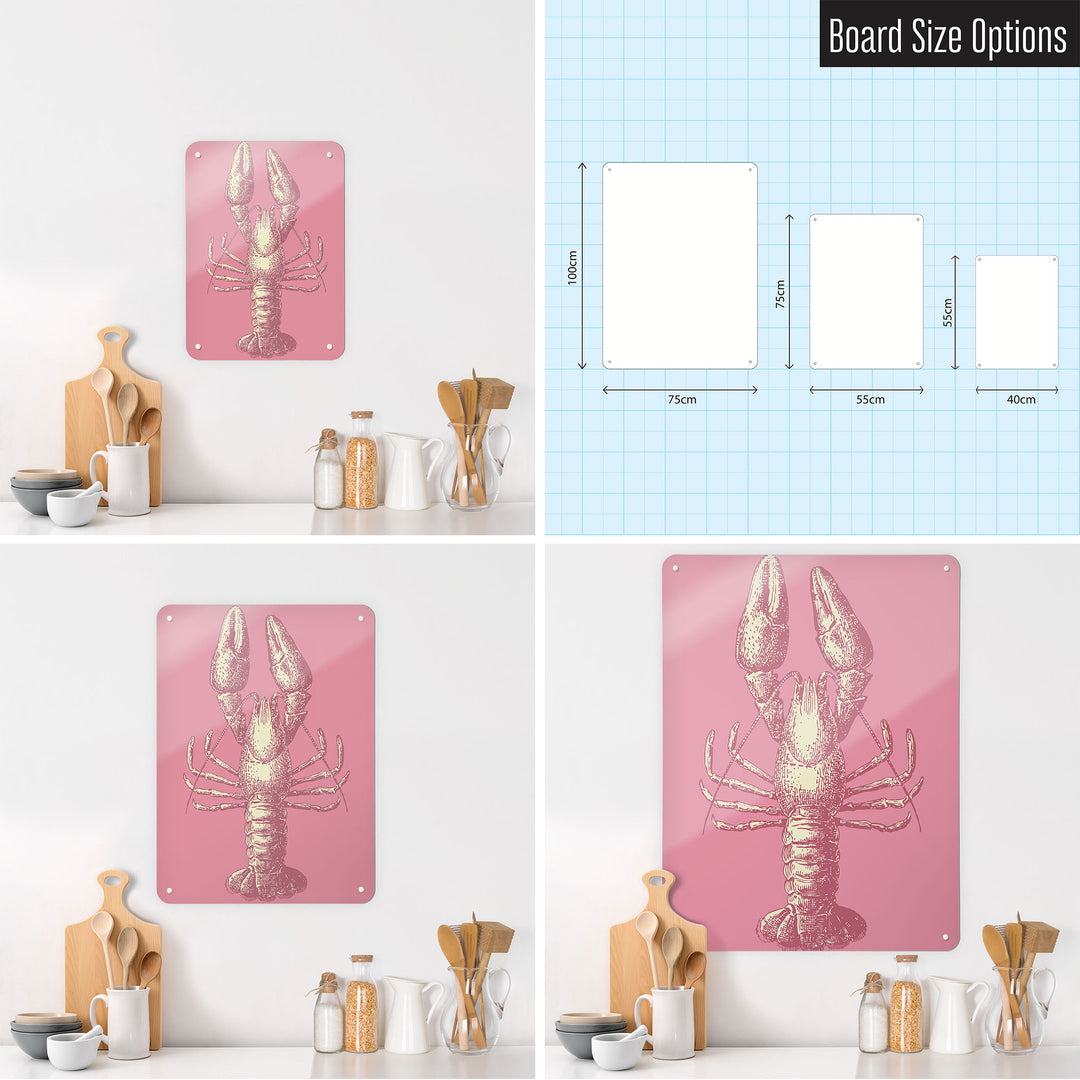 Three photographs of a kitchen interior and a diagram to show size comparisons of a lobster illustration magnetic notice board
