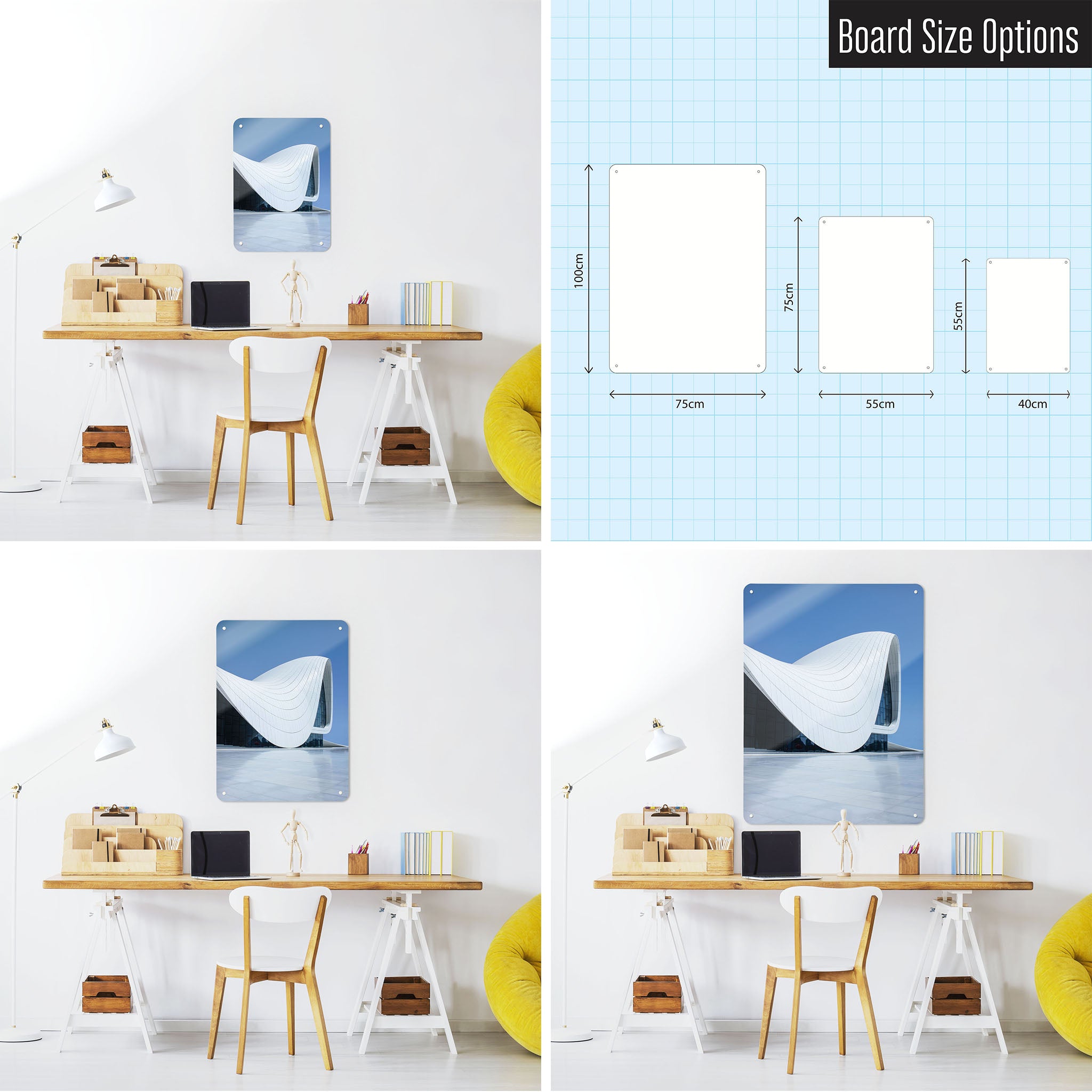 Three photographs of a workspace interior and a diagram to show size comparisons of a Heydar Aliyev Centre magnetic notice board