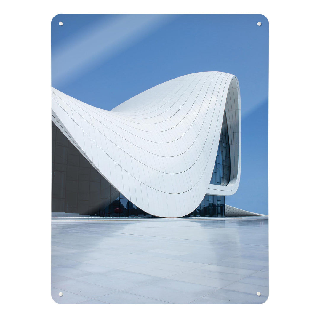 A large magnetic notice board by Beyond the Fridge with a photograph of the Heydar Aliyev Centre in Baku, Azerbaijan