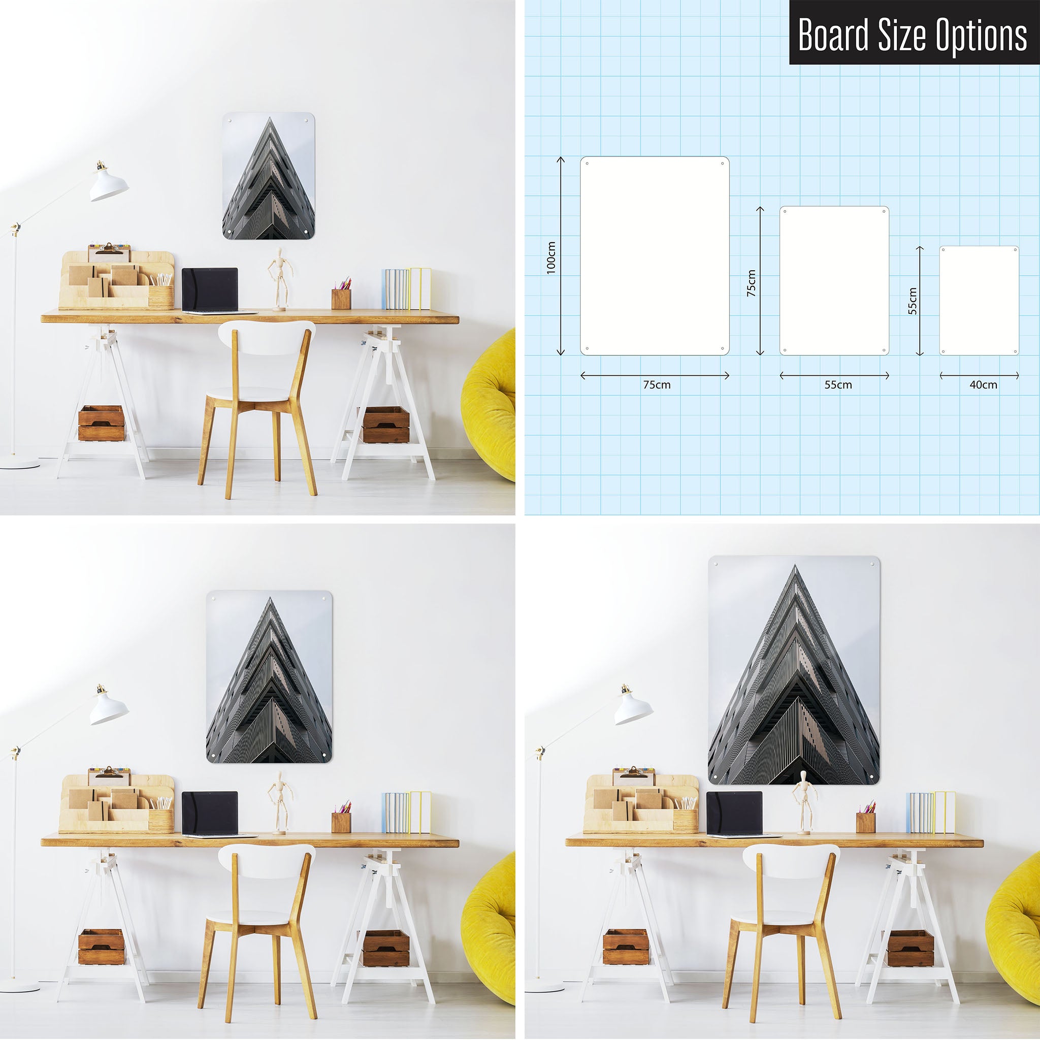 Three photographs of a workspace interior and a diagram to show size comparisons of a London Skyscraper photographic magnetic notice board
