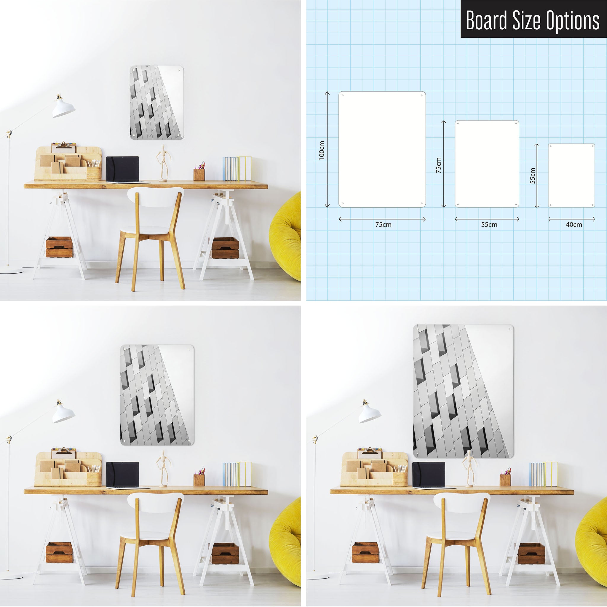 Three photographs of a workspace interior and a diagram to show size comparisons of an abstract windows photograph on a magnetic notice board