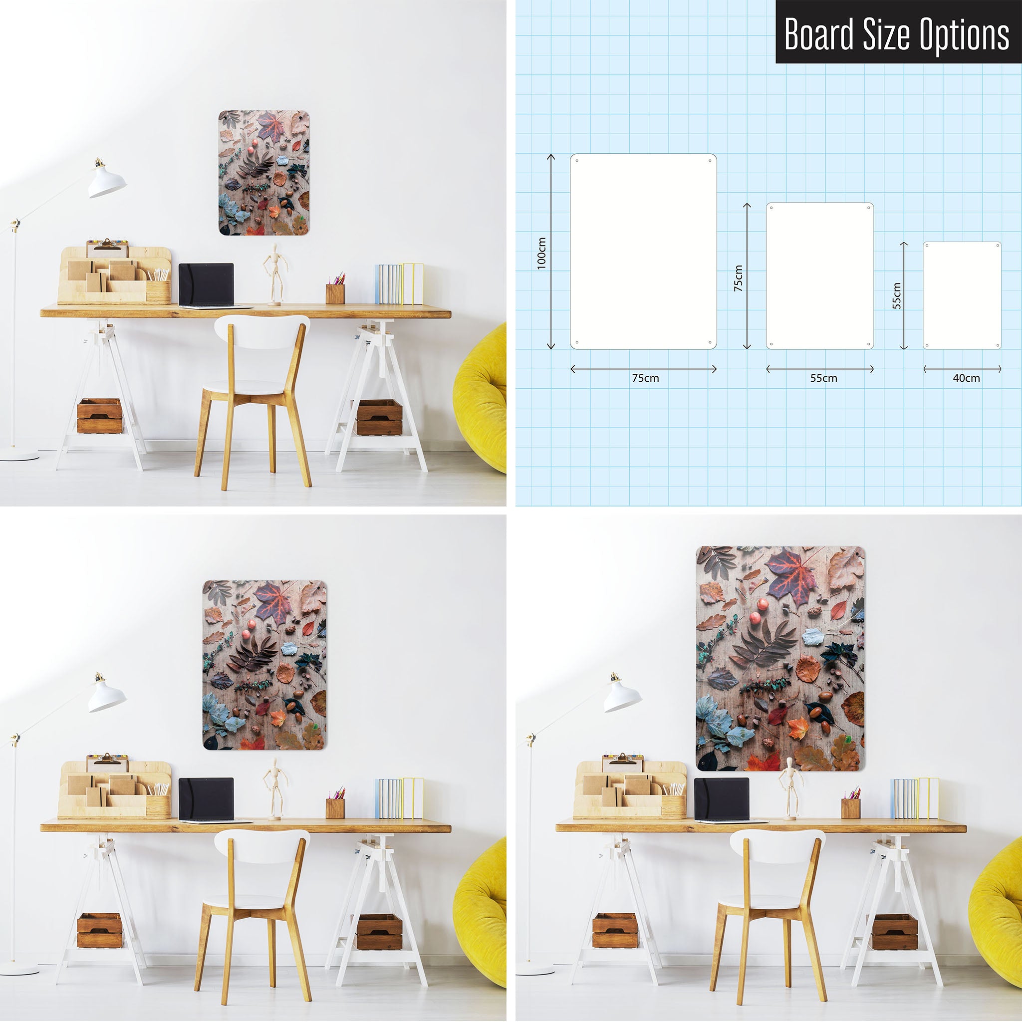 Three photographs of a workspace interior and a diagram to show size comparisons of an autumn flatlay photographic magnetic notice board