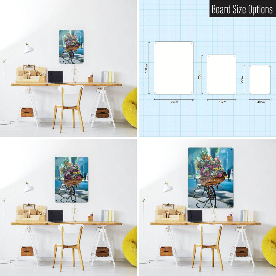 Three photographs of a workspace interior and a diagram to show size comparisons of a bicycle and flower basket photographic magnetic notice board