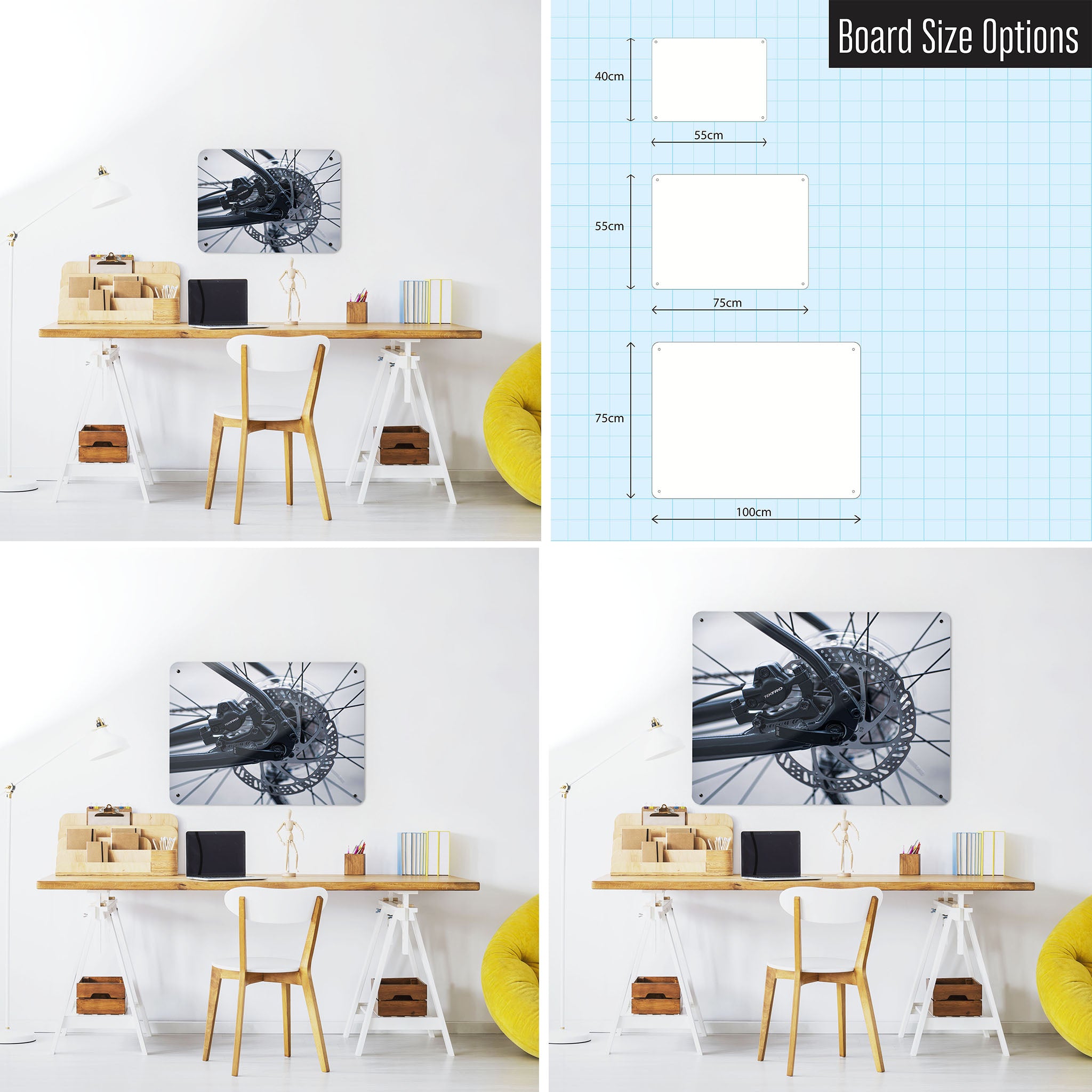 Three photographs of a workspace interior and a diagram to show size comparisons of a bicycle spokes photographic magnetic notice board