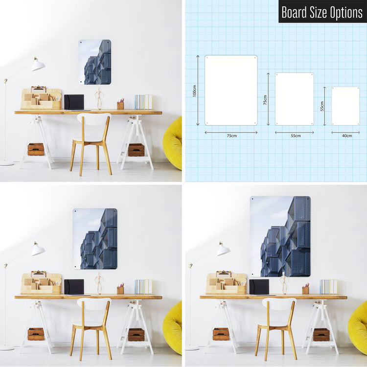 Three photographs of a workspace interior and a diagram to show size comparisons of a  blue building photographic magnetic notice board