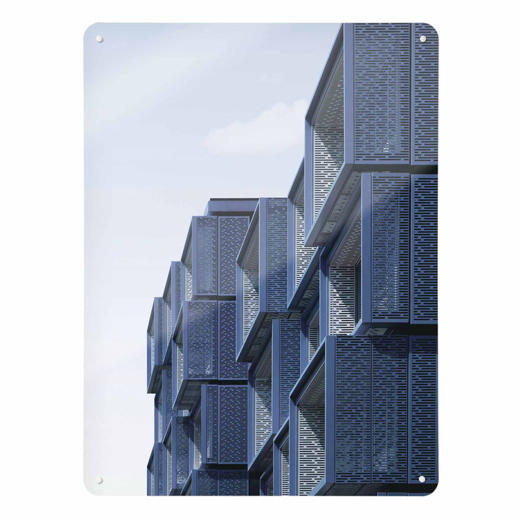 A large magnetic notice board by Beyond the Fridge with an image of a modern blue building