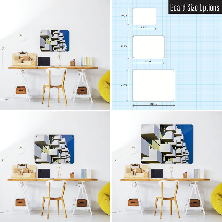 Three photographs of a workspace interior and a diagram to show size comparisons of a brutalist balconies magnetic notice board