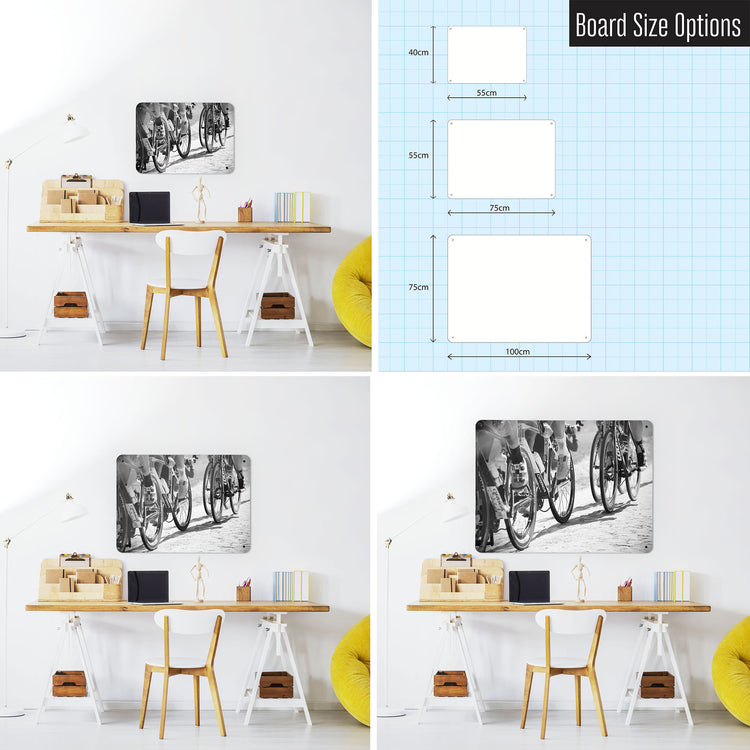 Three photographs of a workspace interior and a diagram to show size comparisons of a cyclists photographic magnetic notice board
