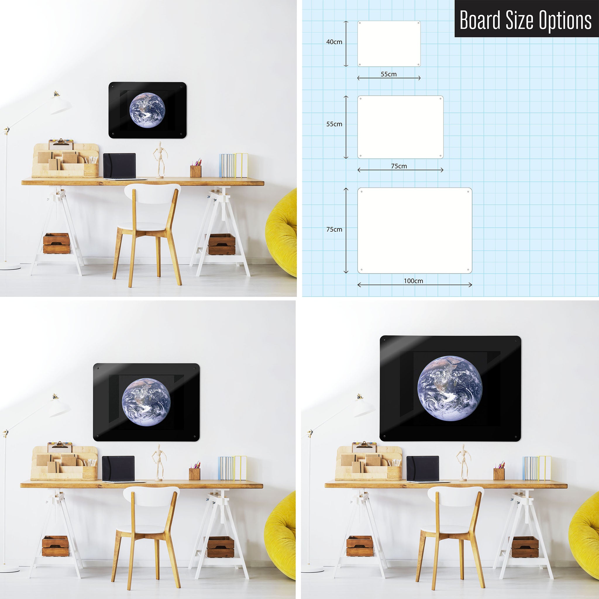 Three photographs of a workspace interior and a diagram to show size comparisons of an Earth from Space photographic magnetic notice board