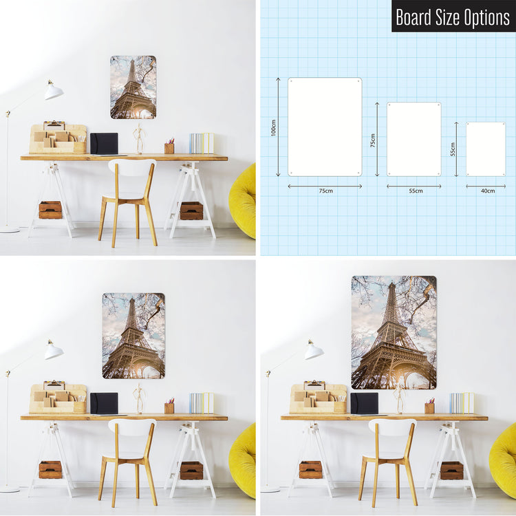Three photographs of a workspace interior and a diagram to show size comparisons of an Eiffel Tower photographic magnetic notice board