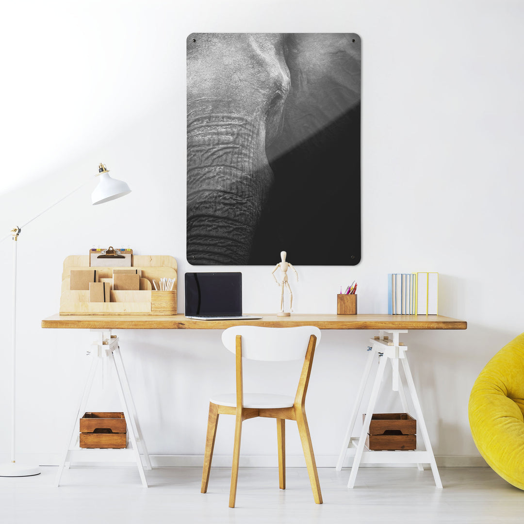A desk in a workspace setting in a white interior with a magnetic metal wall art panel showing a black and white photograph of a close up of the face of an elephant