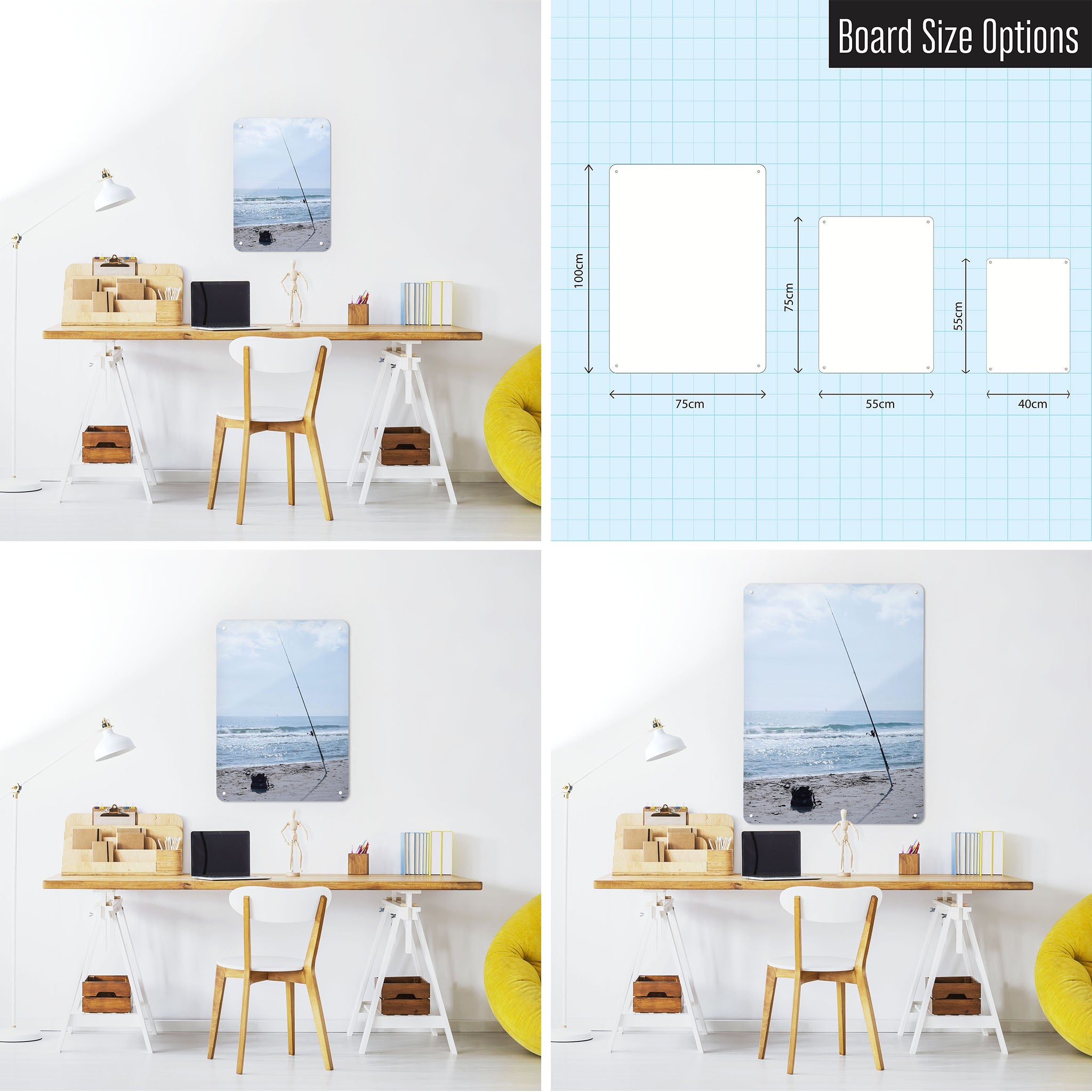 Three photographs of a workspace interior and a diagram to show size comparisons of a fishing tackle photographic magnetic notice board