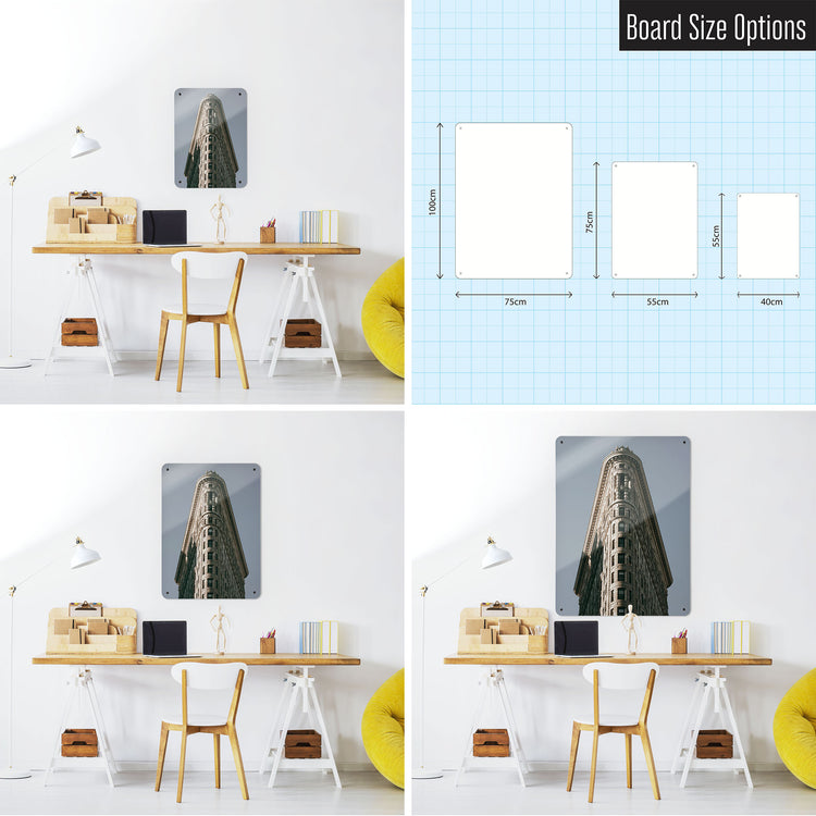 Three photographs of a workspace interior and a diagram to show size comparisons of a Flatiron Building photographic magnetic notice board