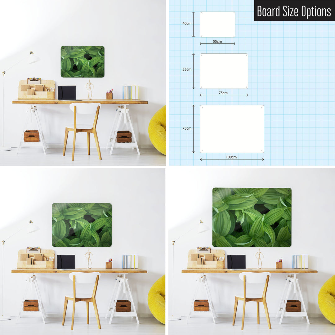 Three photographs of a workspace interior and a diagram to show size comparisons of a green leaves photographic magnetic notice board