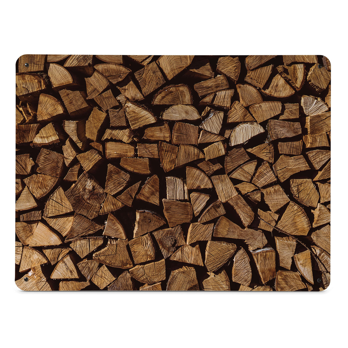 A large magnetic notice board by Beyond the Fridge with a photograph of a pile of logs