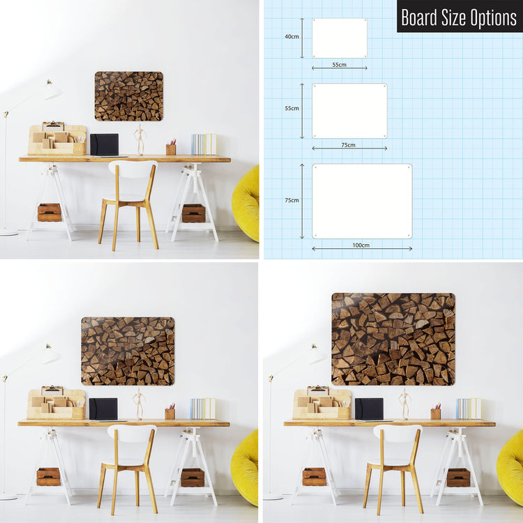 Three photographs of a workspace interior and a diagram to show size comparisons of a log pile photographic magnetic notice board