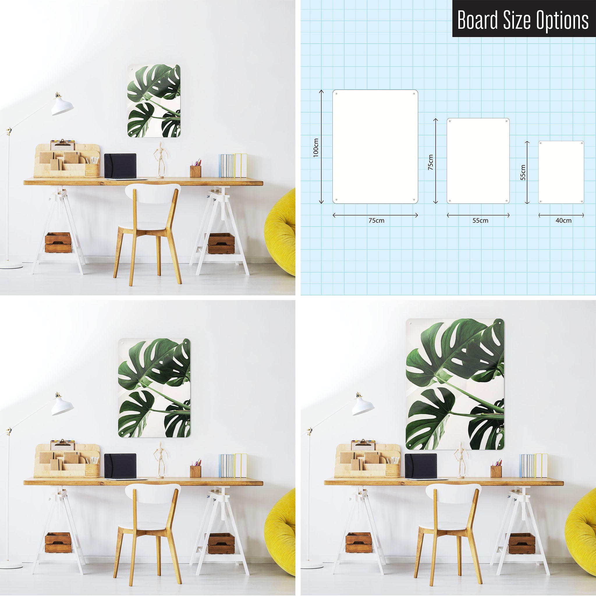 Three photographs of a workspace interior and a diagram to show size comparisons of a Monstera Plant photographic magnetic notice board