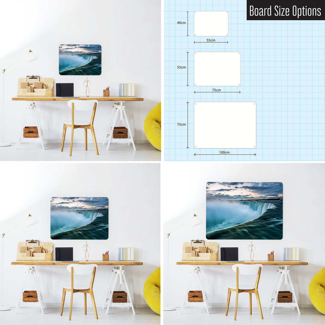 Three photographs of a workspace interior and a diagram to show size comparisons of a Niagara Falls photographic magnetic notice board