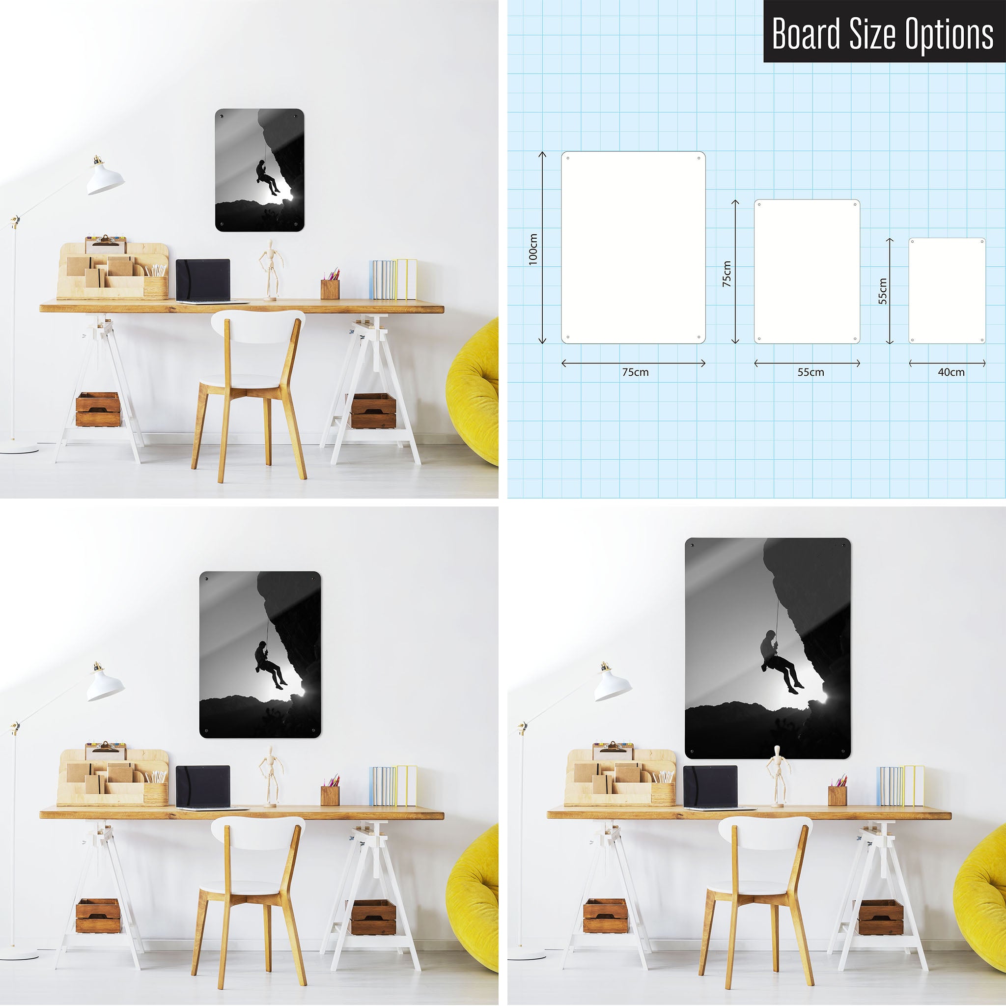 Three photographs of a workspace interior and a diagram to show size comparisons of a rock climbing photographic magnetic notice board