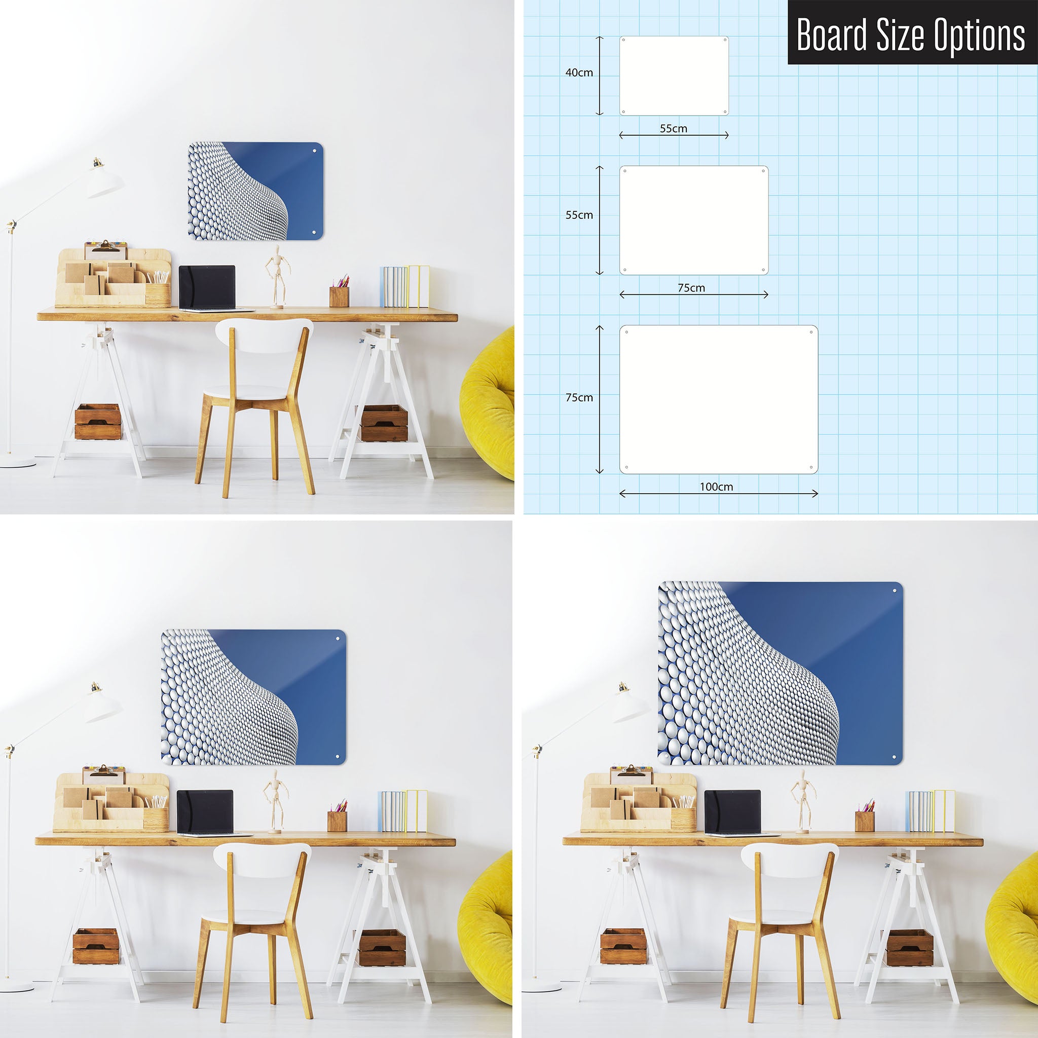 Three photographs of a workspace interior and a diagram to show size comparisons of a Selfridges Building, Birmingham photographic magnetic notice board
