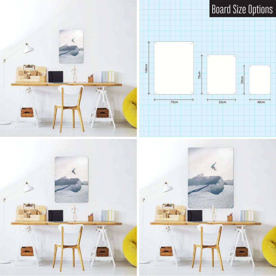 Three photographs of a workspace interior and a diagram to show size comparisons of a snowboarding photographic magnetic notice board