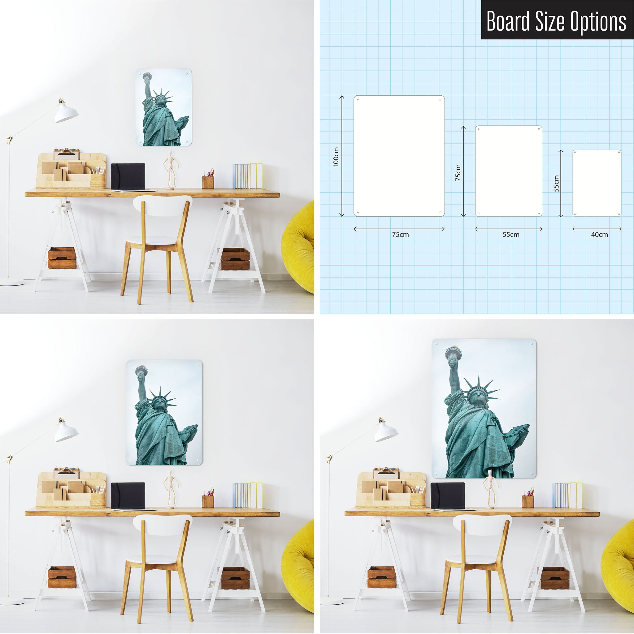 Three photographs of a workspace interior and a diagram to show size comparisons of a Statue of Liberty photographic magnetic notice board