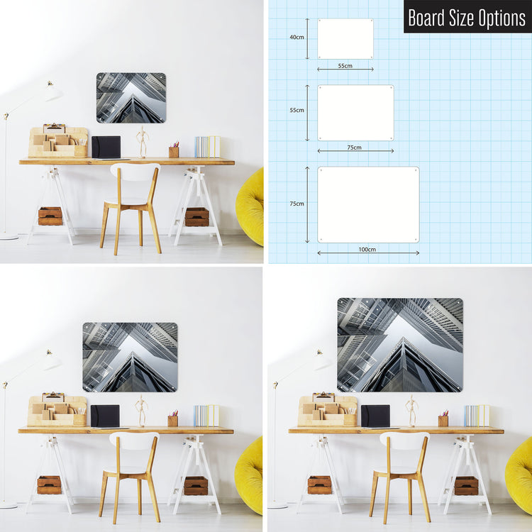 Three photographs of a workspace interior and a diagram to show size comparisons of a Zürich Skyscrapers photographic magnetic notice board