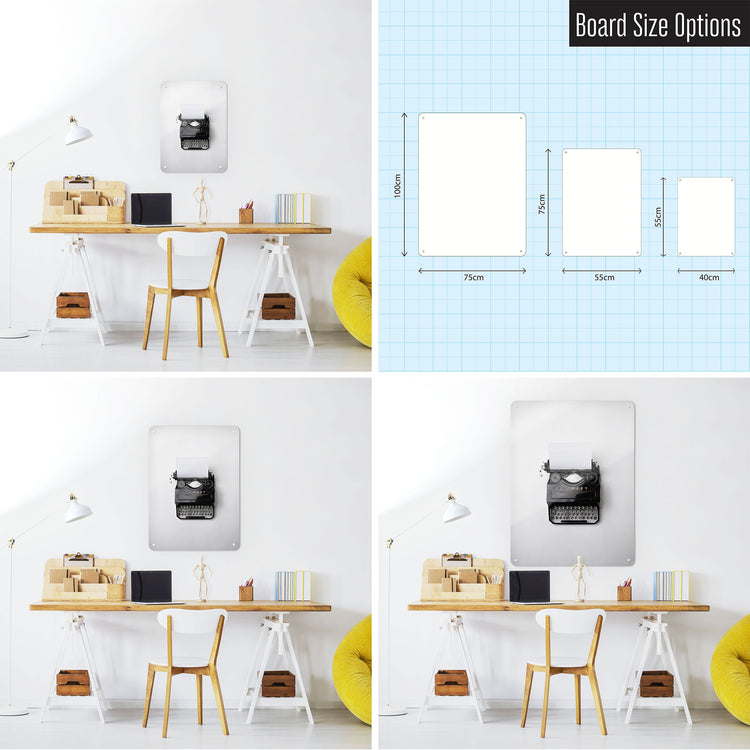 Three photographs of a workspace interior and a diagram to show size comparisons of a vintage typewriter photographic magnetic notice board