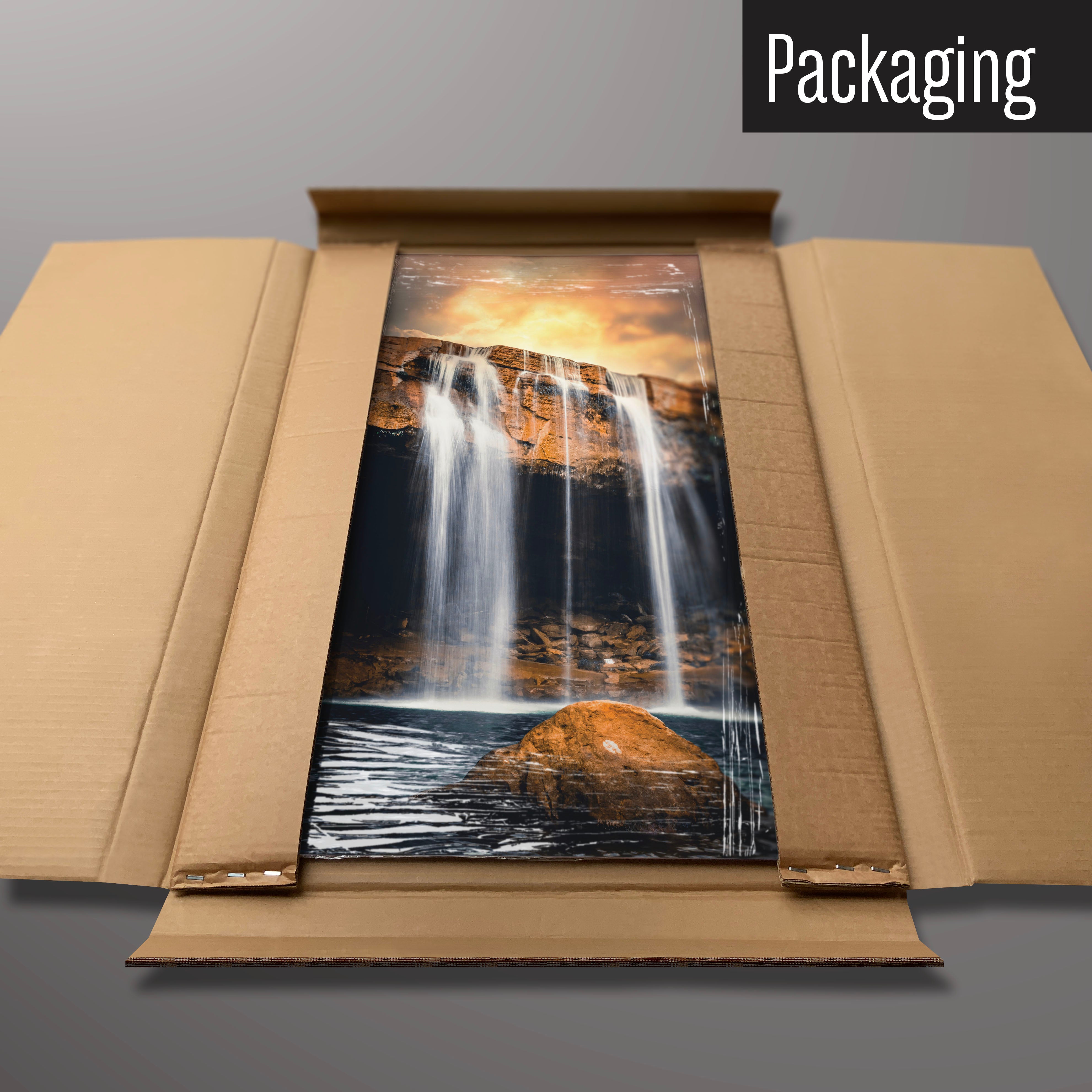 A waterfall photographic magnetic board in it’s cardboard packaging
