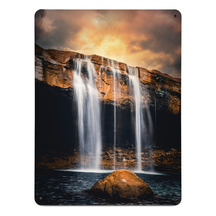 A large magnetic notice board by Beyond the Fridge with a photograph of a waterfall