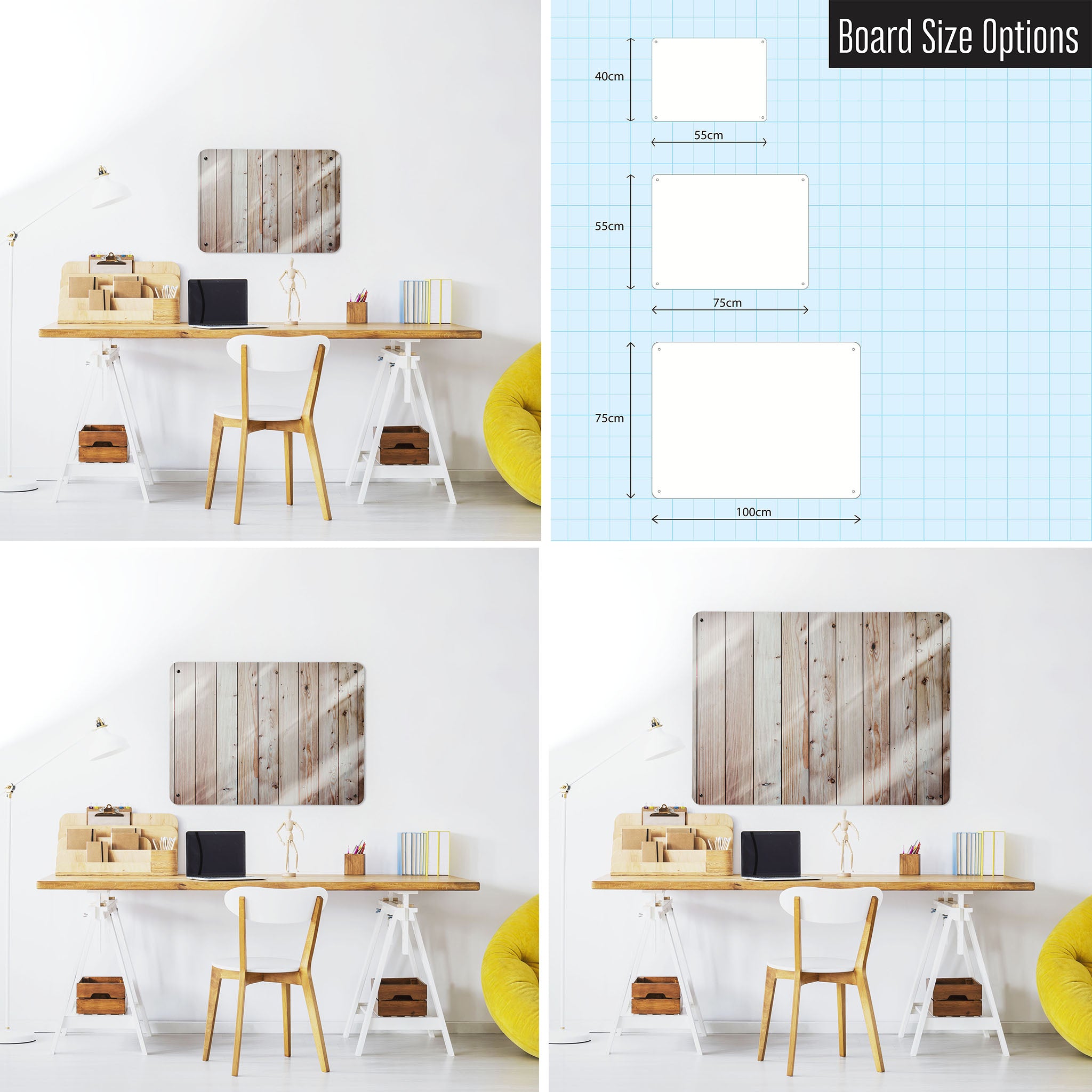 Three photographs of a workspace interior and a diagram to show size comparisons of a wood cladding photographic magnetic notice boar