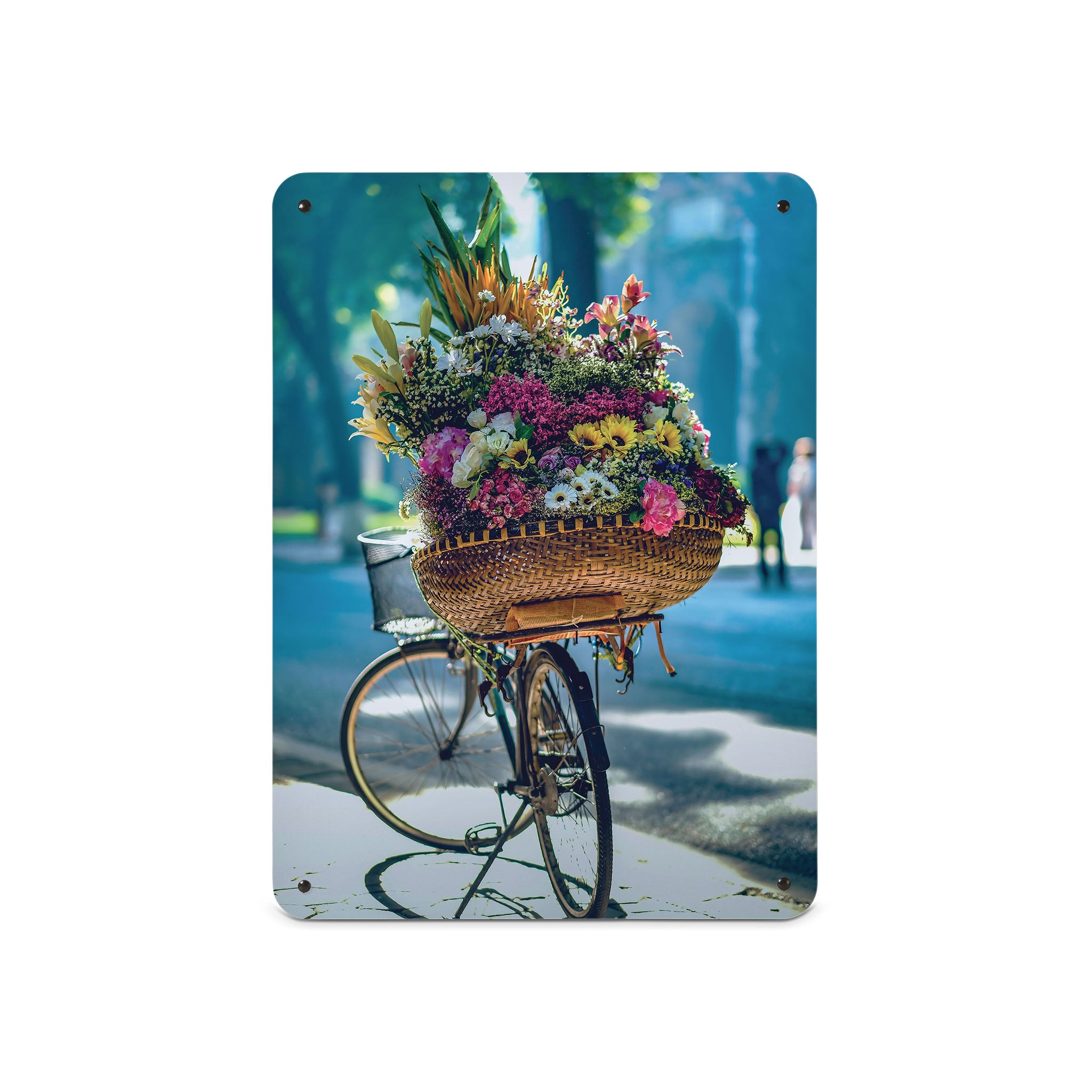A medium magnetic notice board by Beyond the Fridge with a photograph of a bicycle and a large basket of flowers